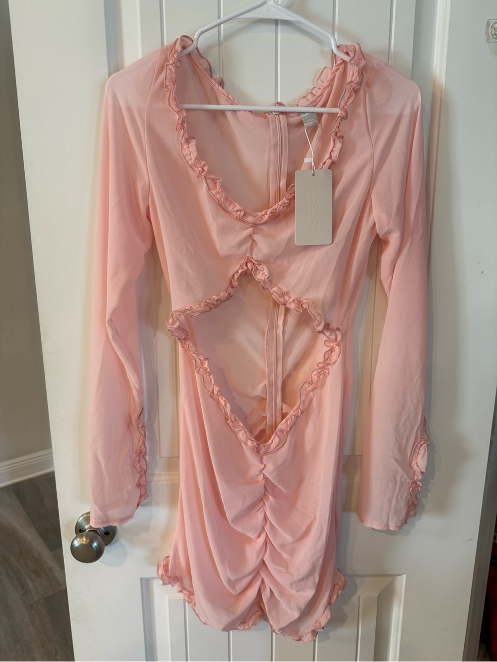 Muse Long Sleeve Ruffle Cutout Slip Dress in Light Pink